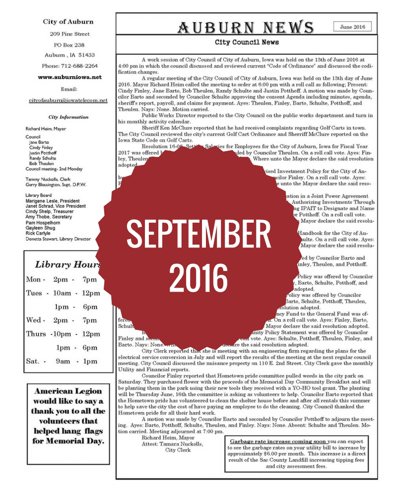 September 2016 Newsletter